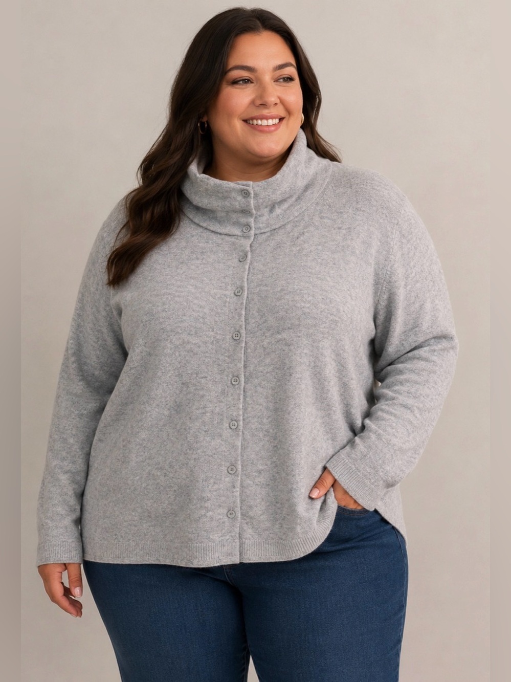 Poetry Cashmere Button Front Sweater in Light Blue/Grey, Size 18